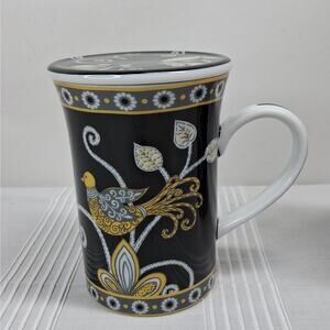 Vera Bradley x Andrea by‎ Sadek Yellow Birds Pattern Coffee / Tea Mugs Cups Lids